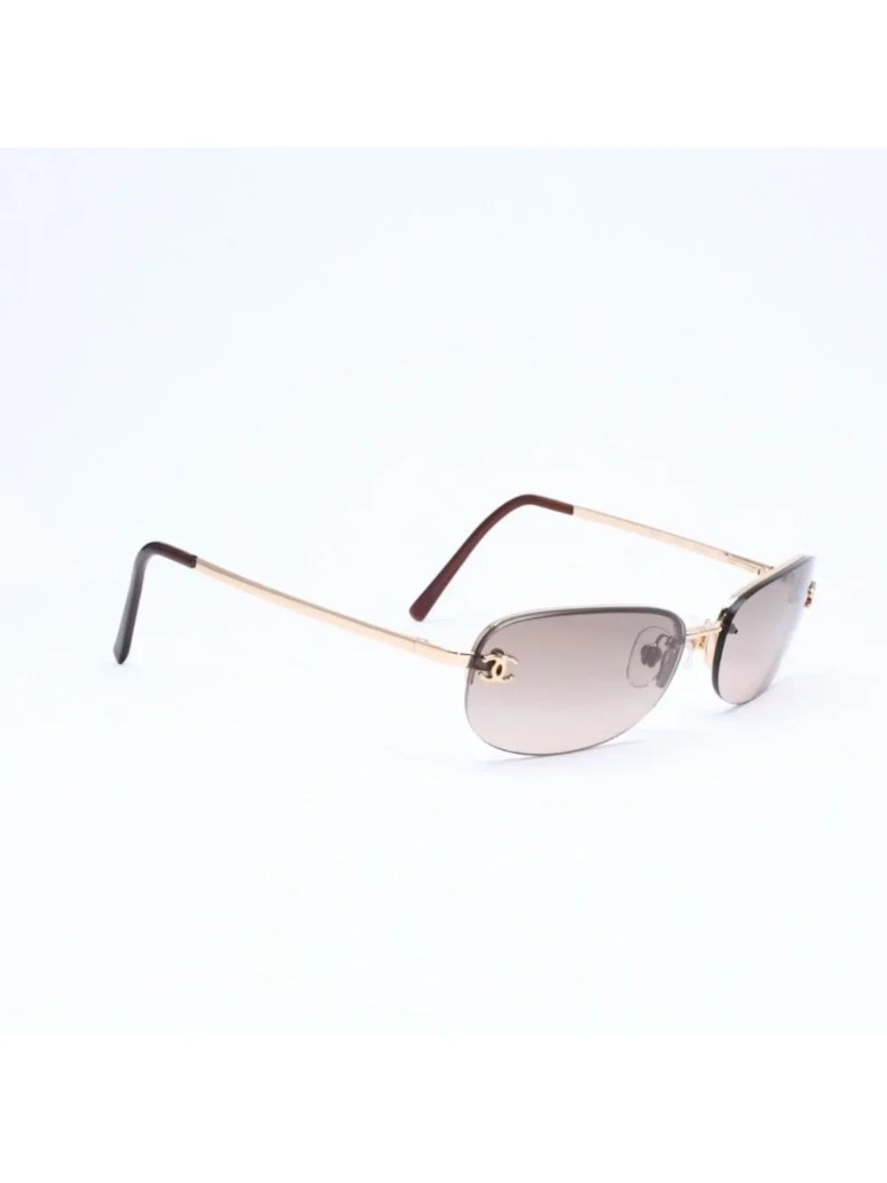 Chanel Half Rim Sunglasses Eyewear CC Logo Brown Gold